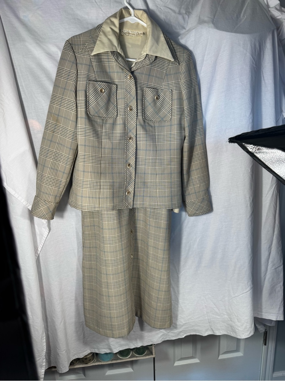Vintage 70s California Girl Plaid Dress Suit Set Dagger Collar Two Piece S/M